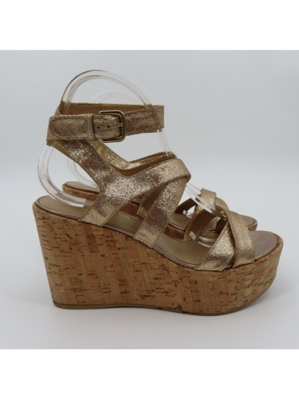Stuart Weitzman Women 9M Gold Glitter Cork Platform Wedge Sandals Strappy Shoes - Picture 7 of 13